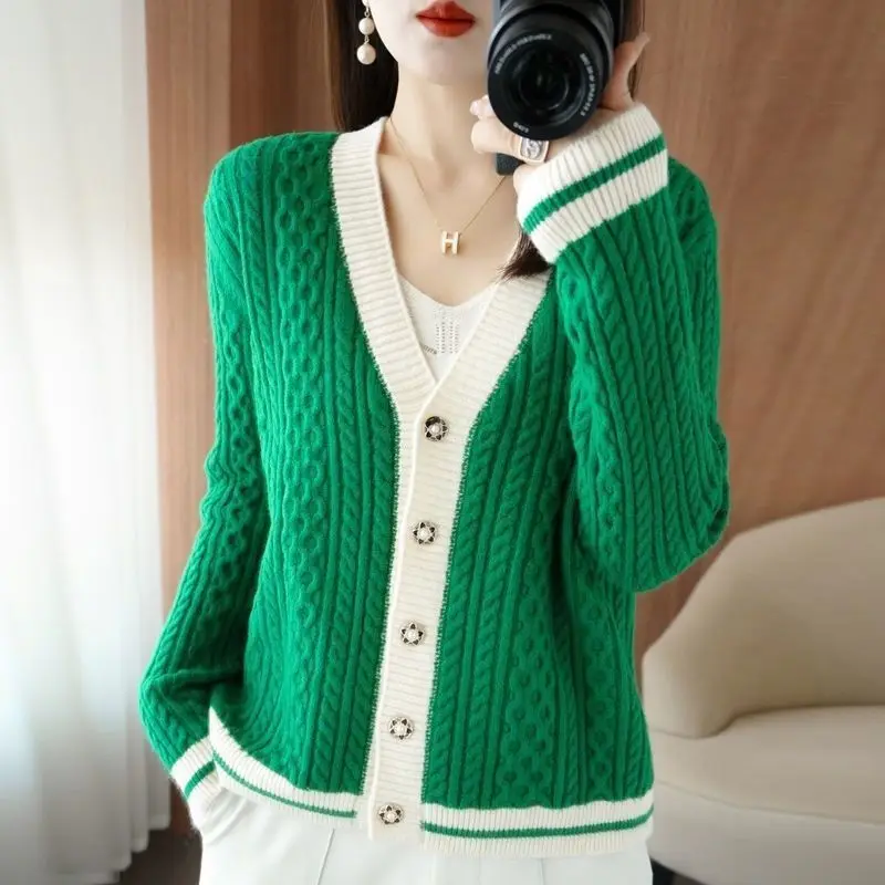 Women's Spring and Autumn 2023 New Solid Color Knitted V-neck Cardigan Button Long Sleeve Sweater Short Loose Office Lady Tops