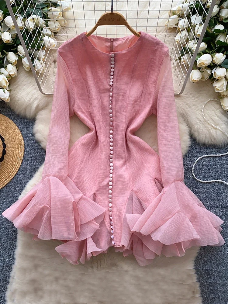 European American Light Luxury Petal Sleeve Dress Women Autumn Pink Ruffle Edge Single Breasted Mini Dress with Temperament A221