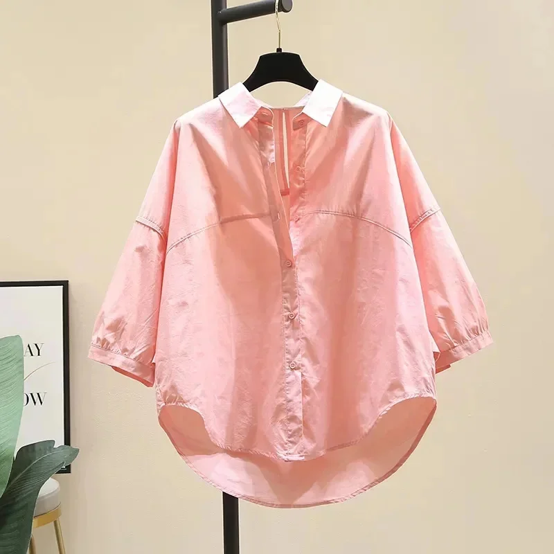 

Korean Summer High Quality Mid Sleeved Cotton Shirt Women's New 2026 Casual Loose All-match Cardigan Blouse Female Tops