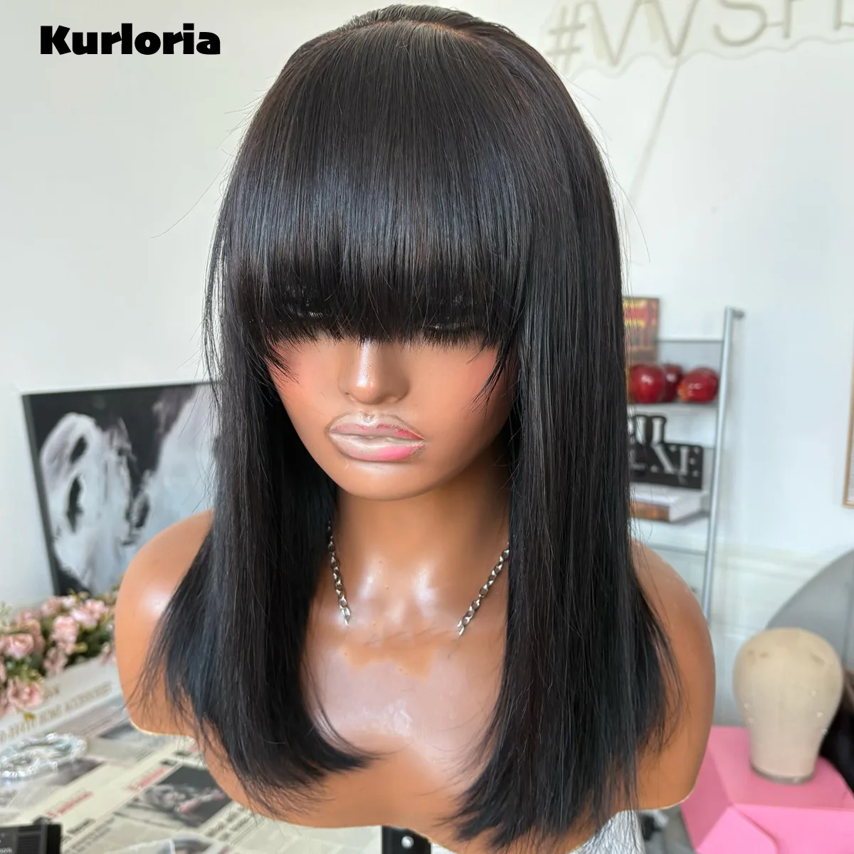 Straight Bob Wig with Bangs Natural Black 3x1 HD Lace Front Wig Wear and Go Drawstring Glueless 100% Human Hair Wig Pre Plucked