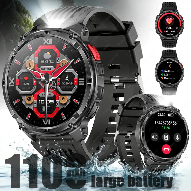 

2026 New Durable Outdoor 1100mAh Large Battery SmartWatch, Bluetooth Call, LED Flashlight, Compass, Health Monitoring SmartWatch