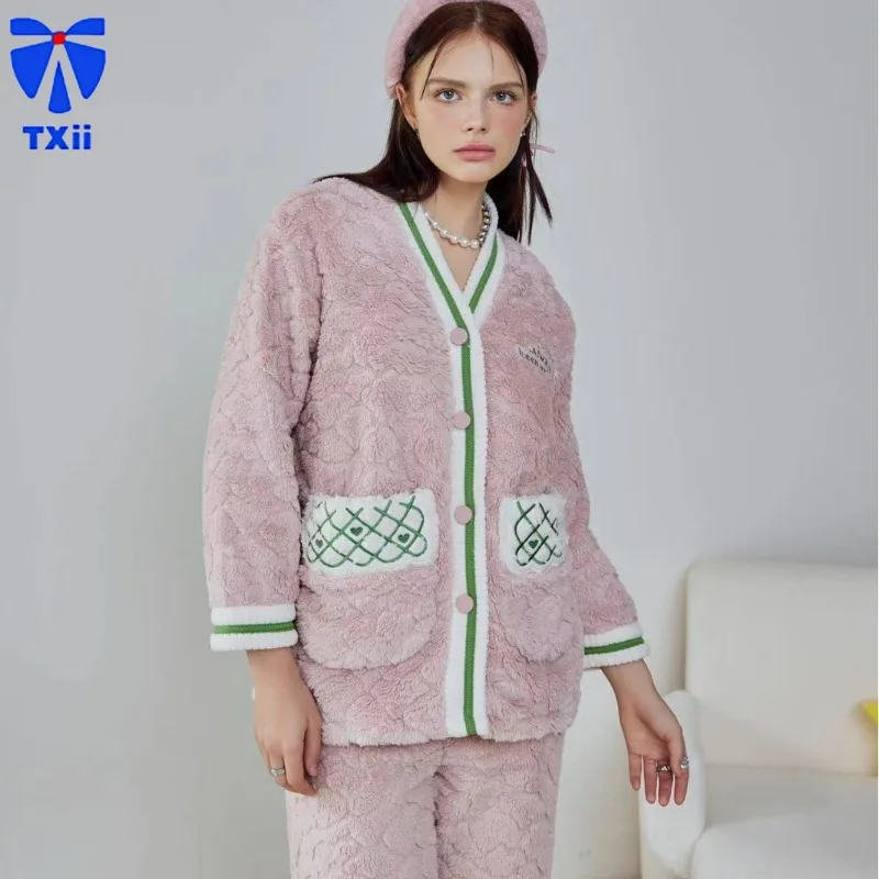 TXii Newlook Pink Autumn and Winter New Loose Thick Coral Fleece suit Thick Sweet Cardigan High-end Home Clothes