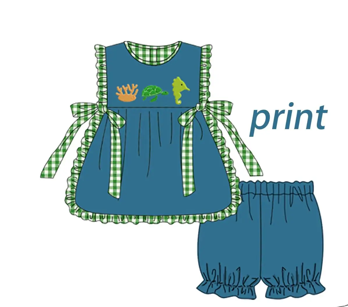 Summer  Toddler Kids Ocean Animal Print Outfit Turtle Seahorse Crab Octopus Gingham Ruffle Dress Romper Top Shorts Set