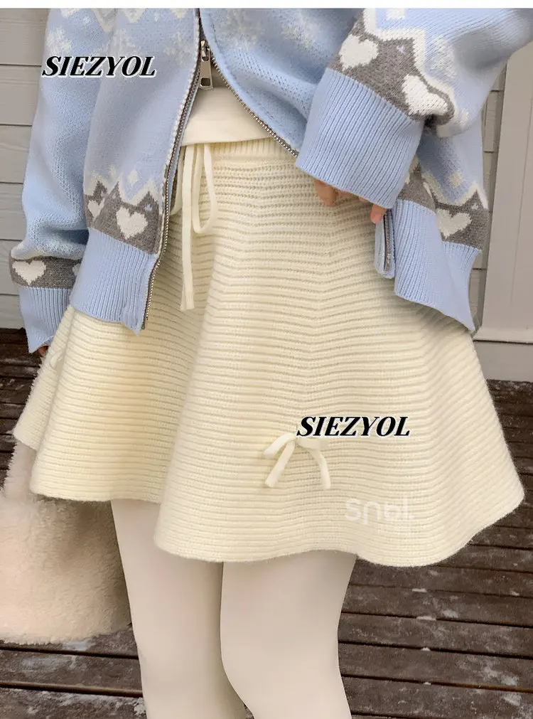 Sweet Wind Versatile Solid Color A-shaped Knitted Skirt Autumn and Winter New Fashion Bow High Waist Mini Skirts for Women