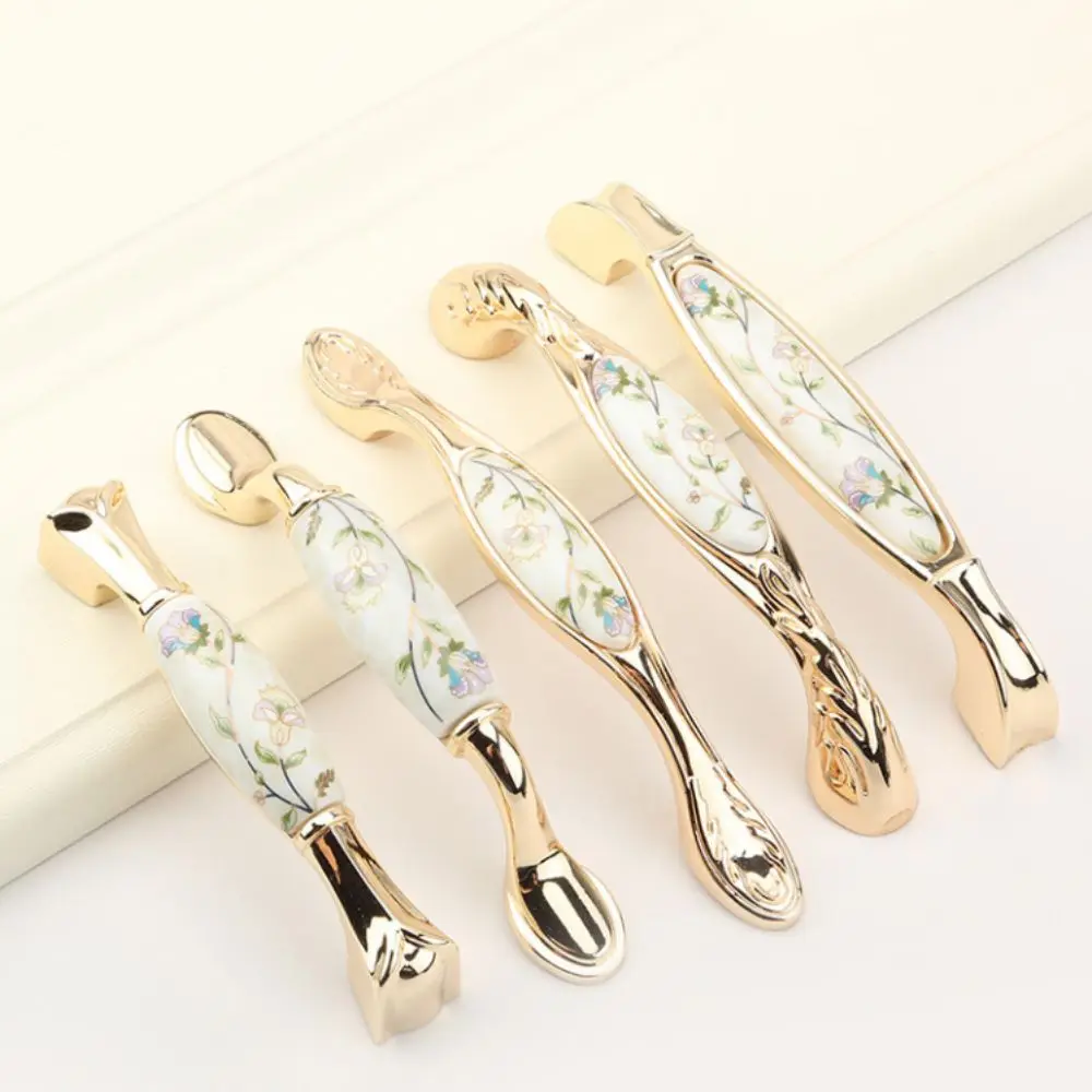 

Zinc Alloy Gold Kitchen Cabinet Handle Stylish Design Modern Ceramic Drawer Pulls Elegant European Light Luxury