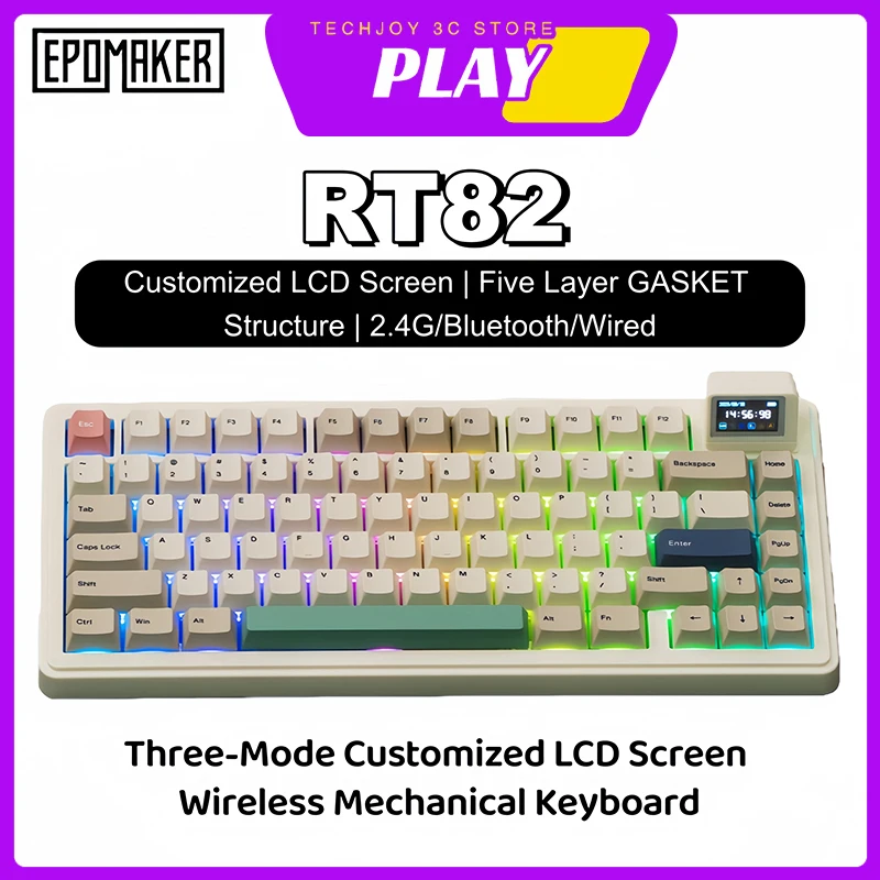 

EPOMAKER RT82 индивидуальный ЖК-экран, беспроводная механическая клавиатура, трехрежимная RGB прокладка, структура, горячая замена, аксессуары для офисных ПК