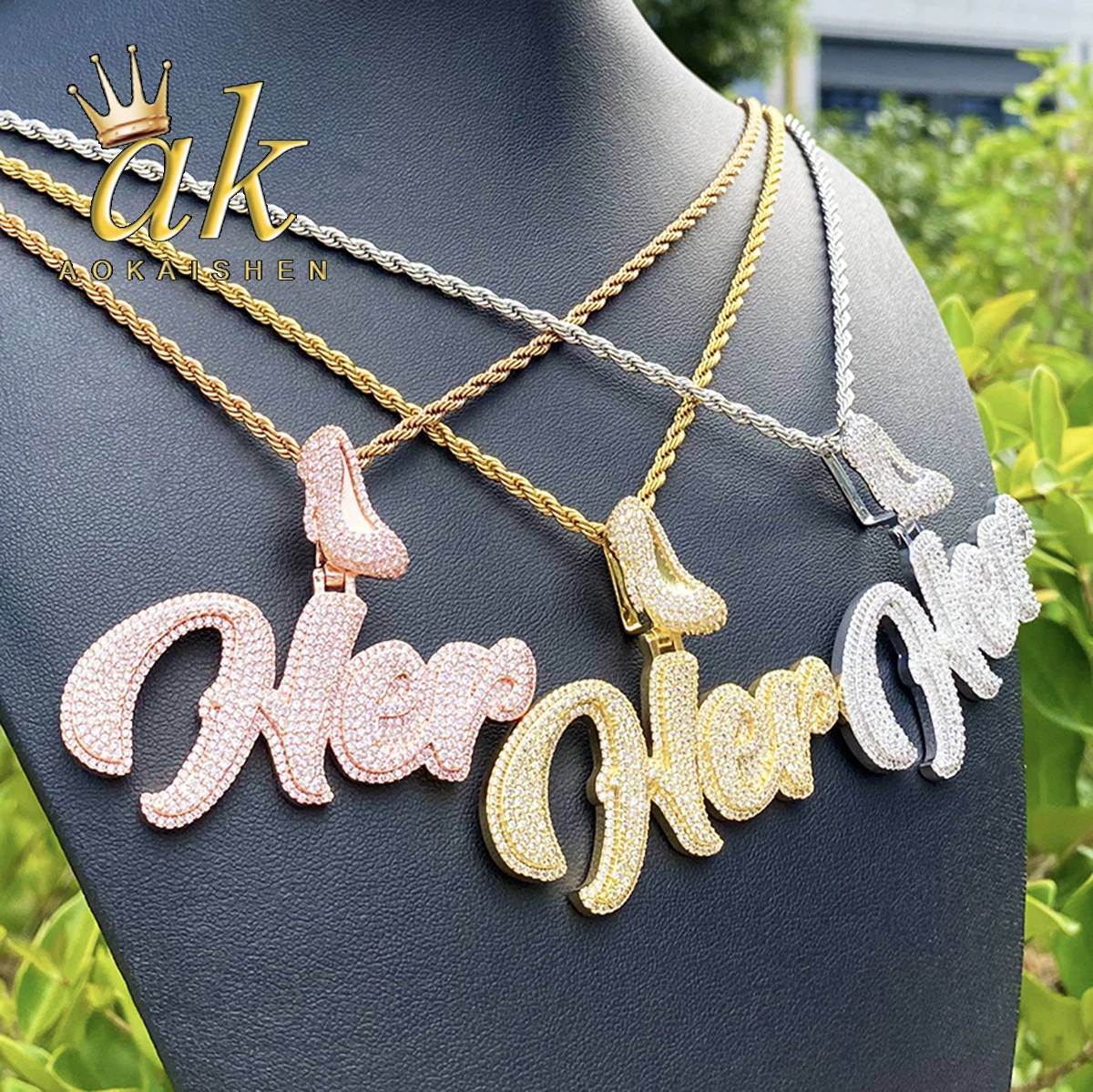 

Aokaishen Iced Out на высоком каблуке, ожерелье с подвеской для женщин, зубец, установка 5А, кубический цирконий, ювелирные изделия в стиле хип-хоп