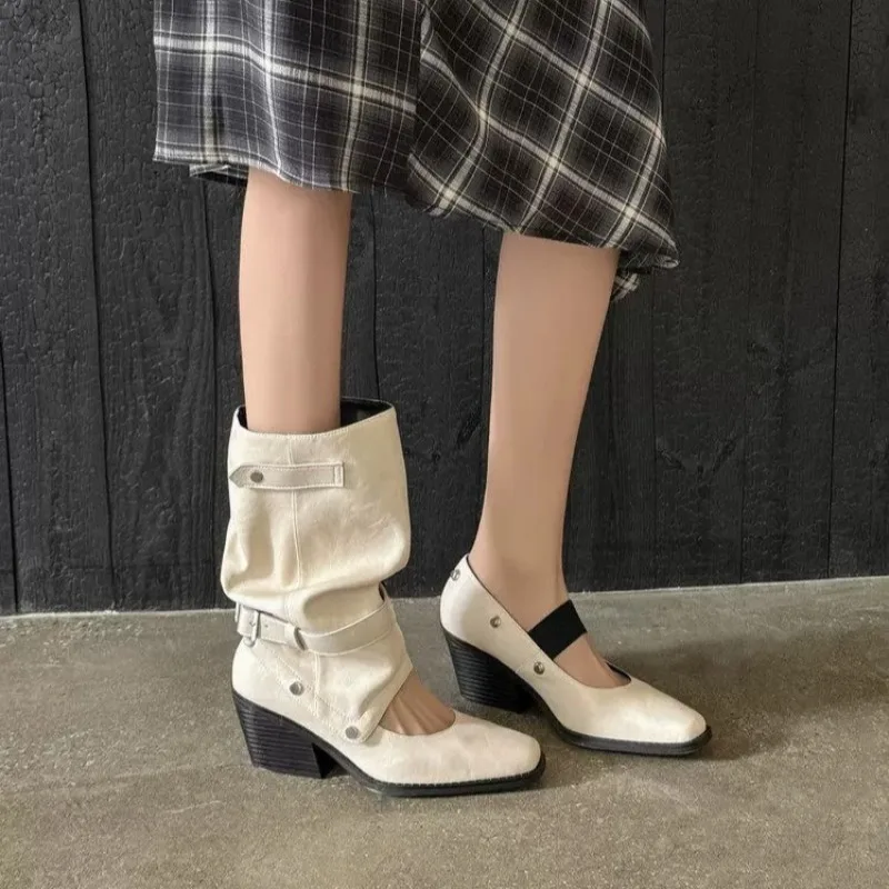 Botas de media caña con hebilla y tacón interior hueco, estilo sandalia de ballet desmontable de doble uso, novedad de verano 2026