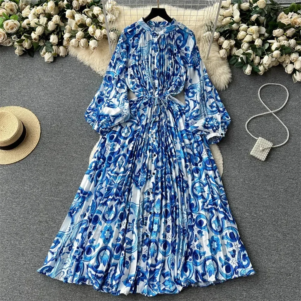 Neploe Elegant O Neck Lantern Sleeve Vintage Mujer Single Breasted Pleated Ruched Big Swing Dress New Print Lace Up Dresses