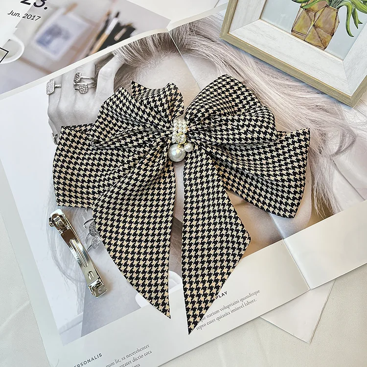 Vintage Thousand Bird Grid Large Bow Hairpin with Satin and Pearl Hairpin