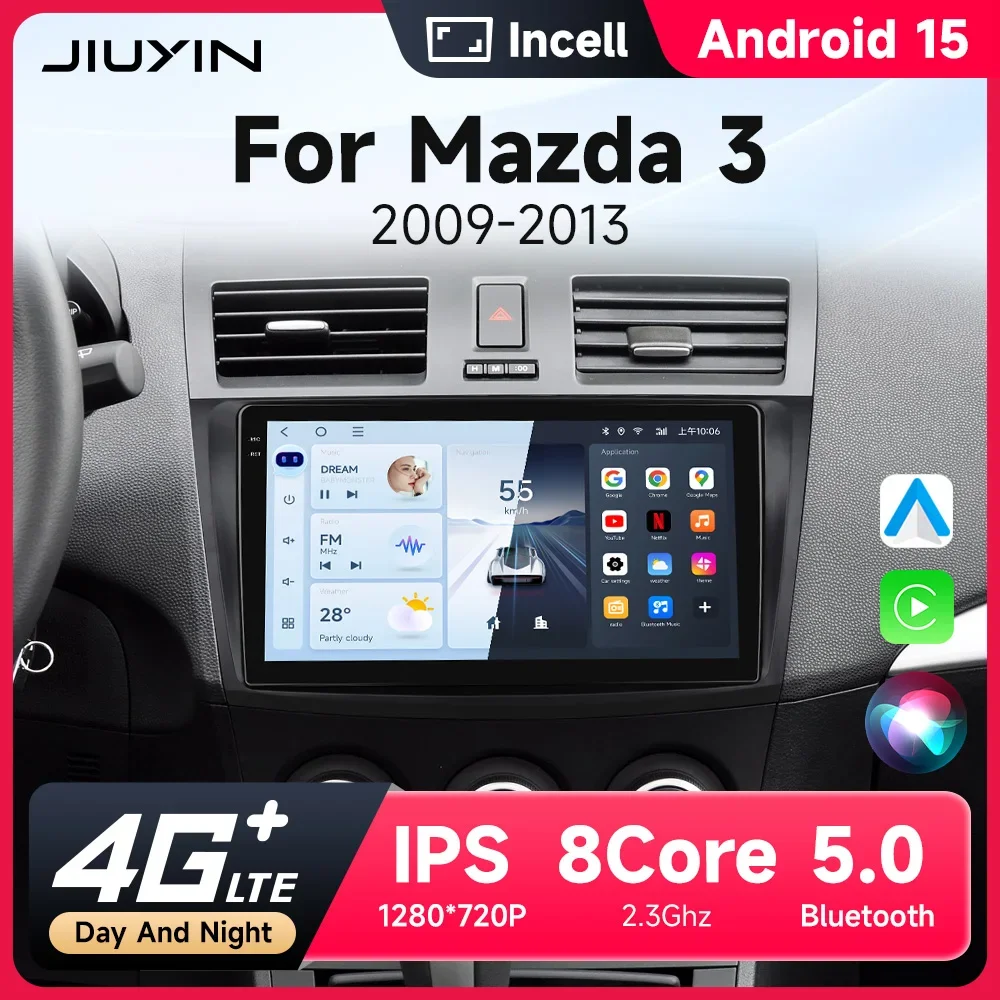 JIUYIN 2 Din Autoradio für Mazda 3 2009 2010 2011 2012 2013 Android 13 Multimedia-Player 4G GPS-Navigation Carplay DVD-Haupteinheit