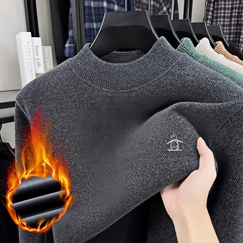 High end brand velvet sweater fashionable penguin embroidery men's clothing 2025 winter thick warm round neck knitted pullover