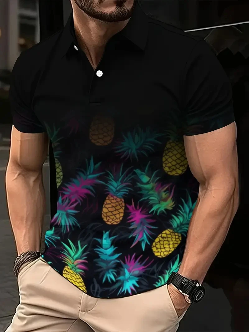 

Мужская рубашка-поло с 3d принтом ананаса, летние футболки с графикой фруктов и короткими рукавами, свободные футболки с лацканами, топы, повседневные мужские футболки на пуговицах