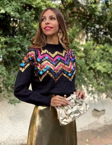 Maglione con paillettes a righe a contrasto da donna, maglione a maniche lunghe girocollo, maglione alla moda, autunno