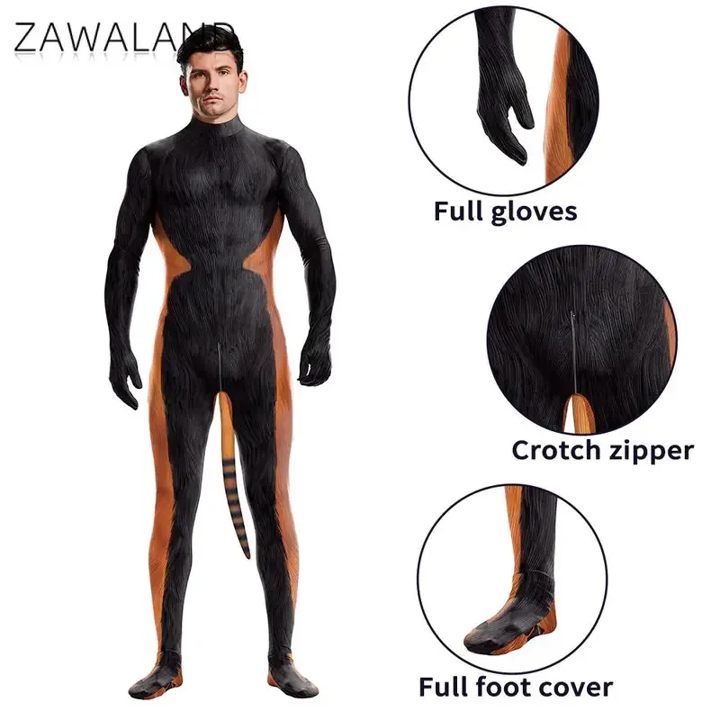 Zawaland Dog Puppy Men Petsuit with Tail Red Blue Husky Fancy Disguise Wear Halloween Deer Costumes Crotch Zipper Full Bodysuit