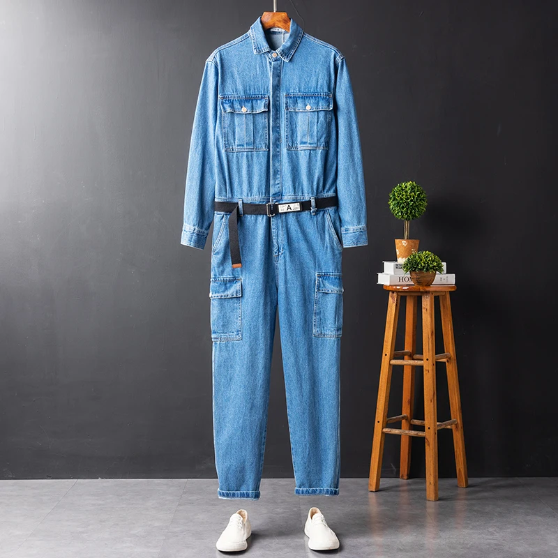 

Retro Denim Overalls Men's Trendy One-Piece Suit Color Jaet Set Waed Blue Bar Overall Pants Youth Casual Wear