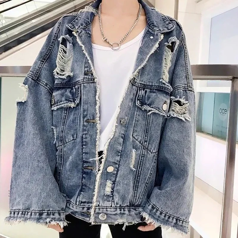 Fried Street Hole Denim Jacket Women's New Spring  Autumn Cowboy Jackets Female Outerwear Fashion Loose Casual Jacket Streetwear