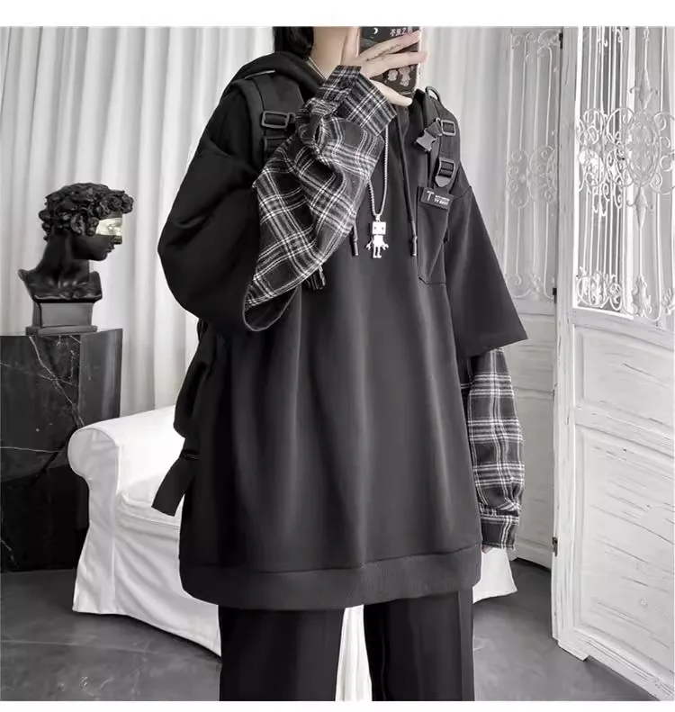 Fake Two-Piece Hoodie Women's Loose Fit Gingham Hooded Sport Top Ins Hong Kong Style Retro Casual Spring and Autumn image 3