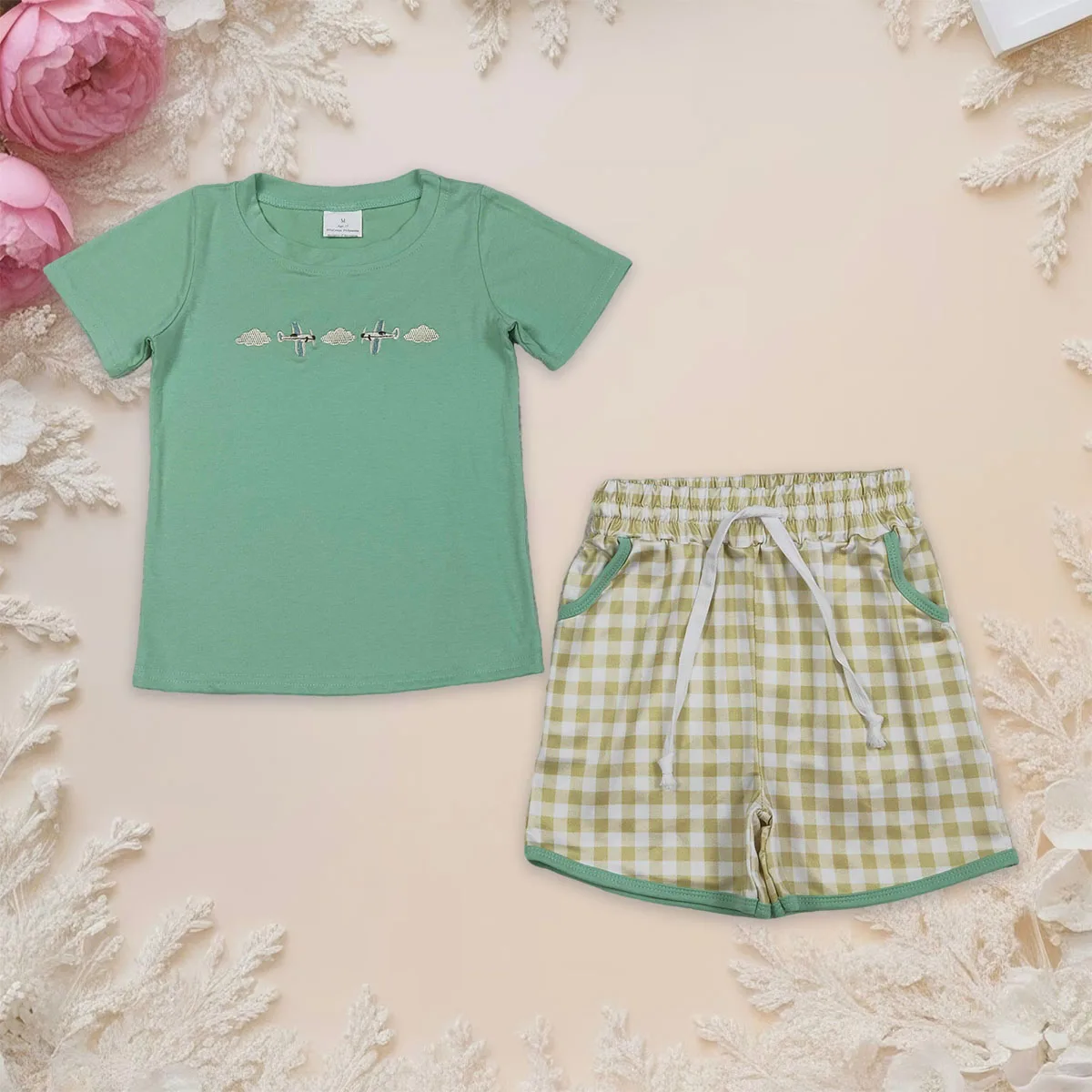 

Baby Boy Embroidery Air Planes Shirts Top Checked Pockets Shorts Clothes Sets Fashion Summer Toddler Outfits Clothing Wholesale