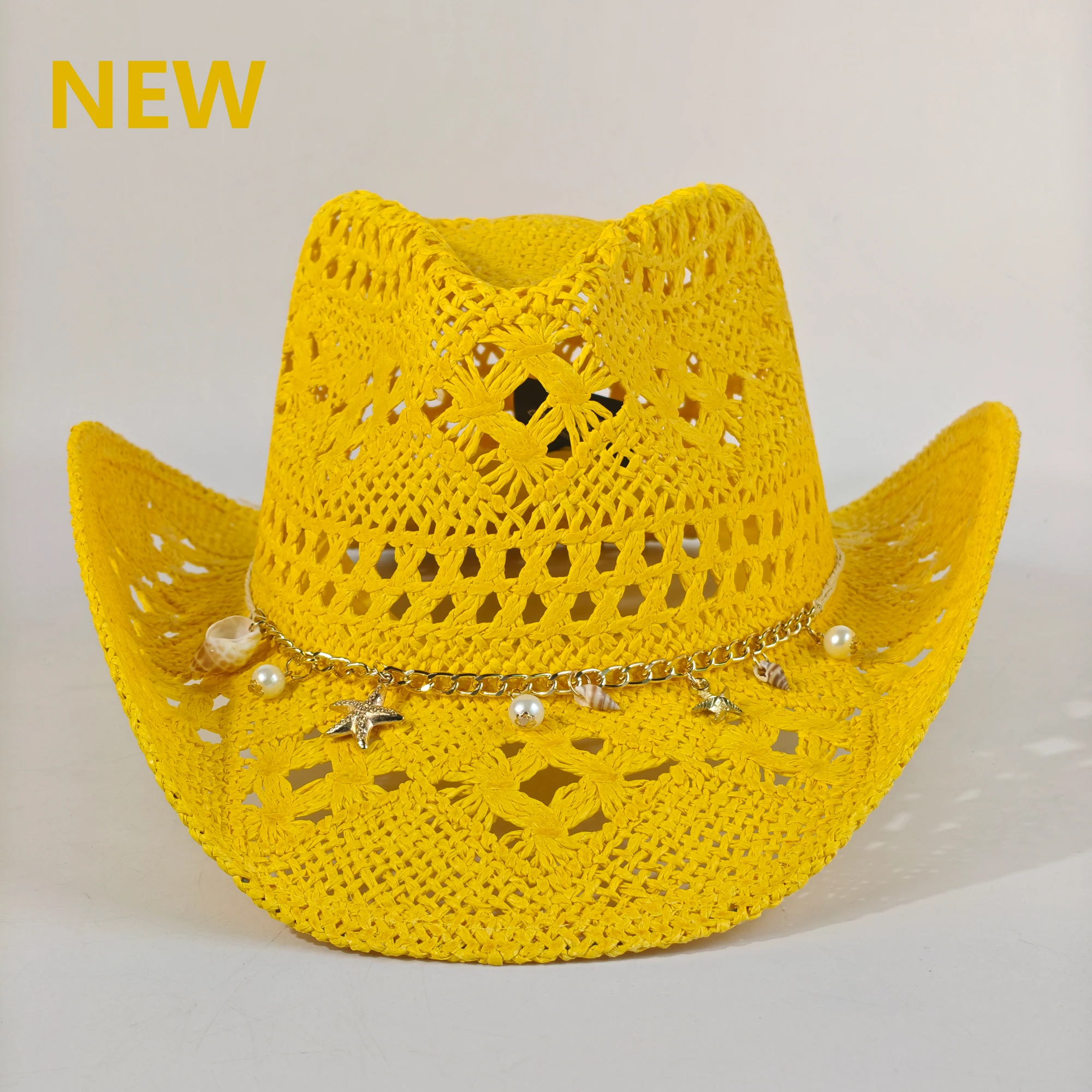 New Yellow Western Cowboy Hat Handmade Straw Weaving Beach Sun Hat Gentleman Lady Cowgirl Jazz Hat Vacation Cap sombrero vaquero