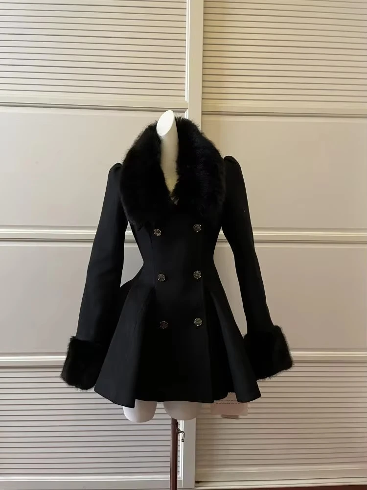 Winter Hepburn Black Fur Collar Coat French Style Vintage Blends Slim Mid-length Outwear Elegant Lolita Warm Outfits