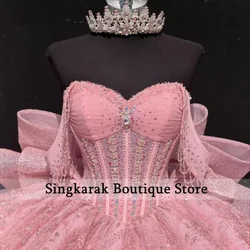 Gitter Pink Ball Gown Quinceanera Dresses 2026 Sequin Beading Crystal Bow Tull Corset Off Shoulder Sweet 16 Dress Customized