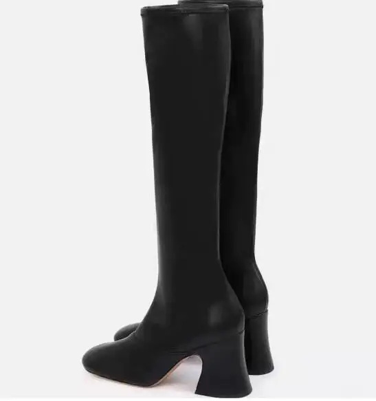 Autumn Women Black Matte Leather Square Toe Slim Knee High Boots Chunky Heels Stretch Long Boots Women Drop Shipping Size 43