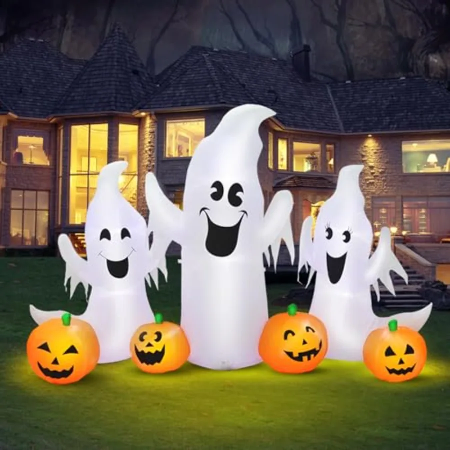

Halloween outdoor decoration: 7FT inflatable ghosts and pumpkins, PVC material, white/orange, LED-lit for yard, lawn, indoor us