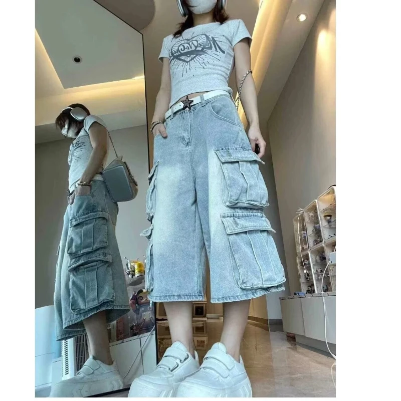 

Washed Light Blue Multi-pocket Work-wearing Denim Shorts Summer American High Street Old Loose Wide-leg Cropped Pants Short Jean