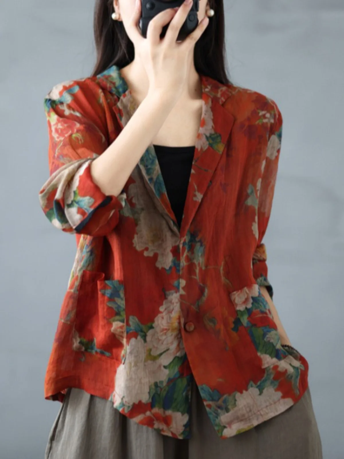 

Дышащий длинный женский костюм из хлопка и льна с художественным цветочным принтом и воротником-стойкой на одной пуговице, весна-лето