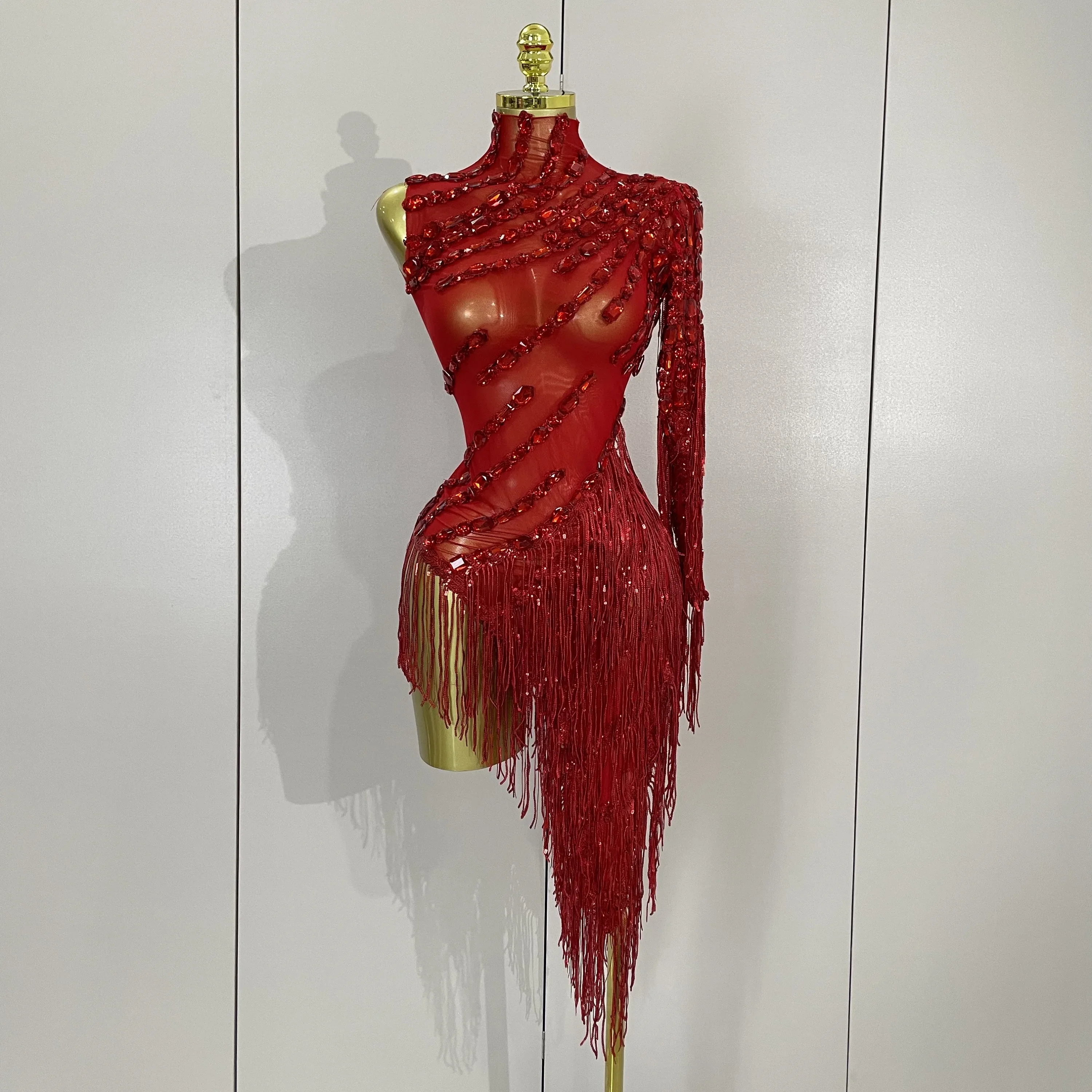 Nuovo abito prospettico sexy con frange scintillanti con strass per donna, set da ballo latino con una spalla, abito da spettacolo teatrale per feste da bar
