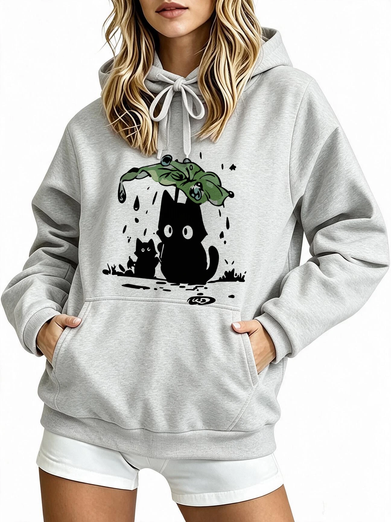 Lässige Damen-Hoodies mit niedlichem Cartoon-Katzen- und Regenschirm-Print, Vintage-Sweatshirts im Y2k-Stil, Pullover, Damenbekleidung