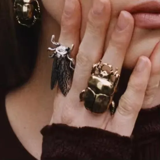 Retro Opening Insect Ring Metal Animal Ring Women's Trend Daily Cicada and Beetle Rings Jewelry Accessories