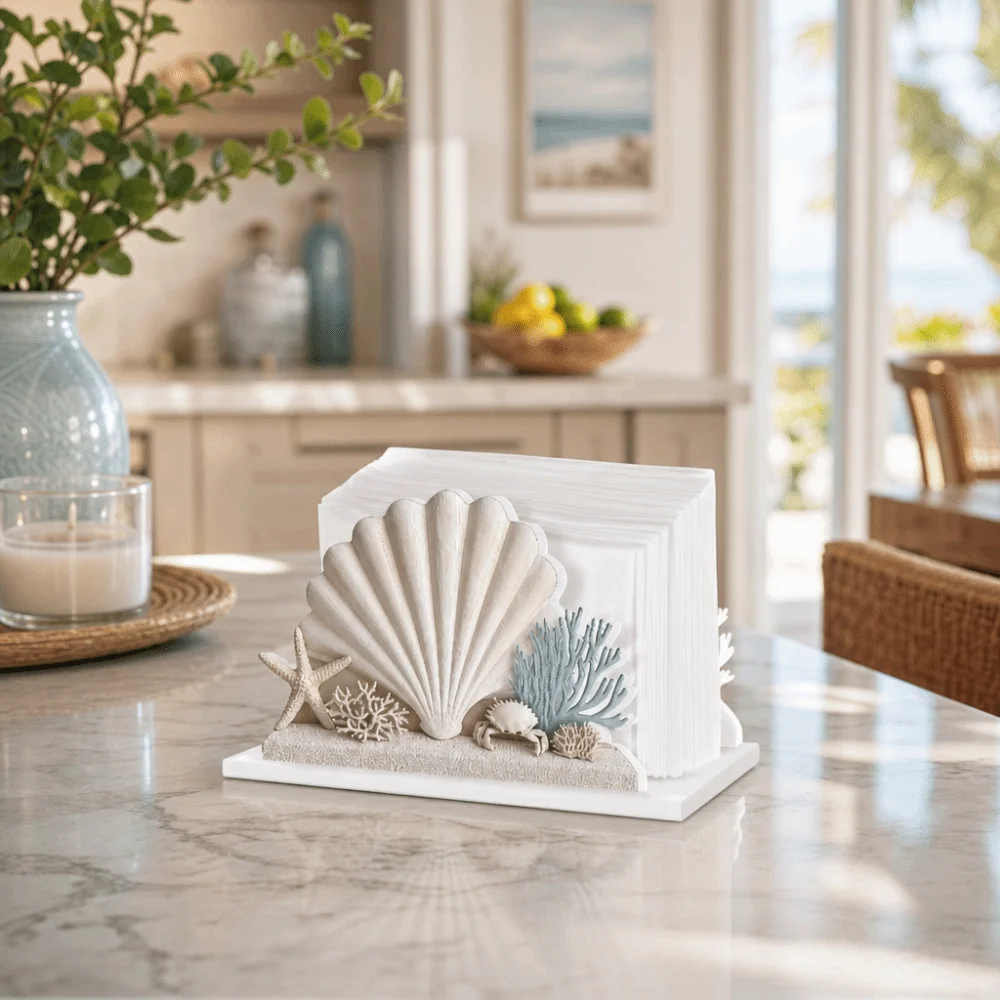 Home Decoration 2D Flat Tissue Dispenser Wooden Crafts Ocean Style Tissue Organizer Starfish Shell Crab Tissue Rack Restaurant