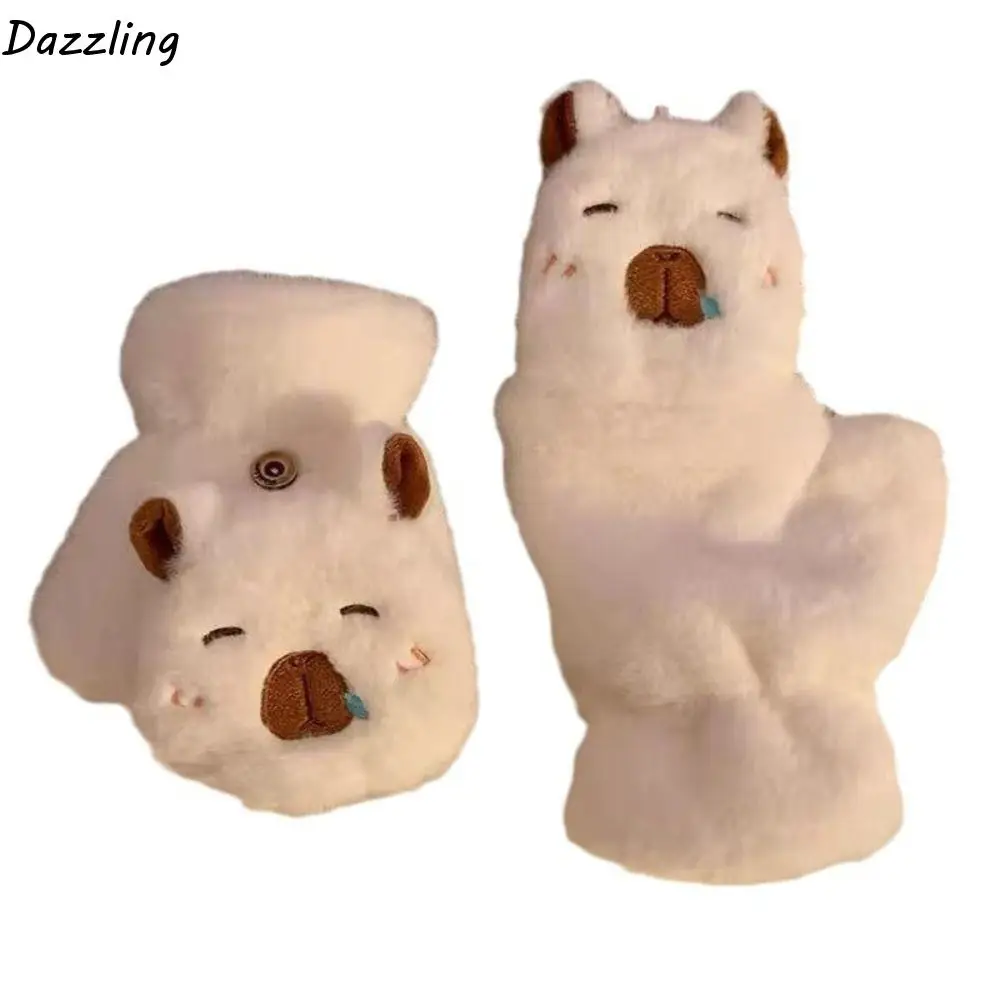

Lovely Half Finger Plush Gloves Touch Screen Flip Cover Capybara Gloves Warm Windproof Women Mittens Ladies