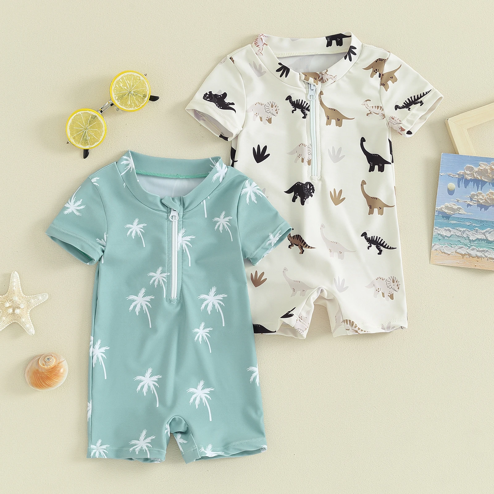 

Kids Boys Summer Swimsuit Casual Tree/Dinosaur Print Zipper Short Sleeve Jumpsuit Swimwear Beachwear Boys Bathing Suit