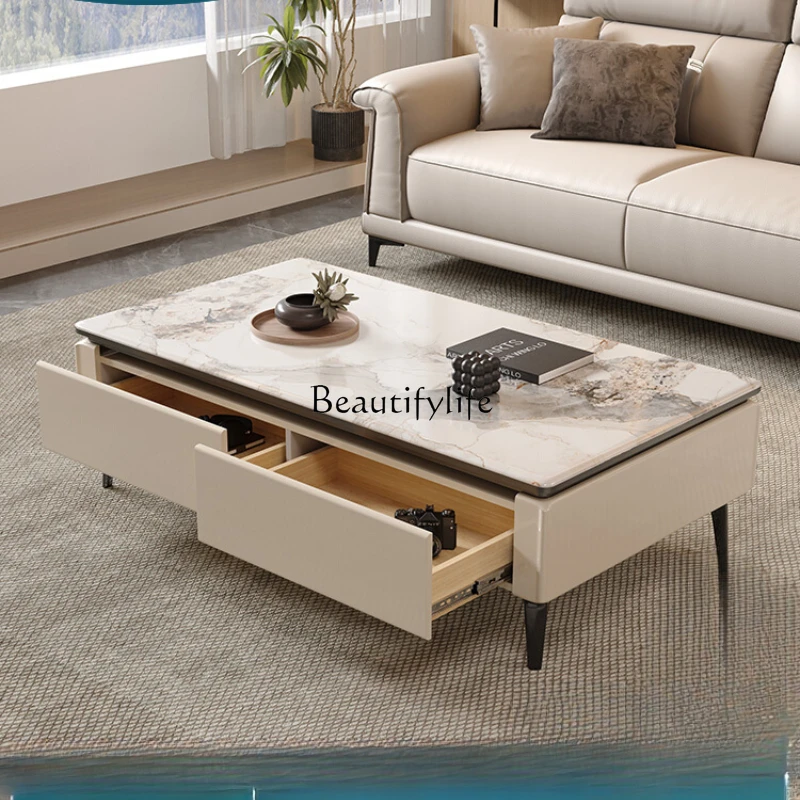 

Italian minimalist rock slab coffee table square combination modern simple light luxury locker side table