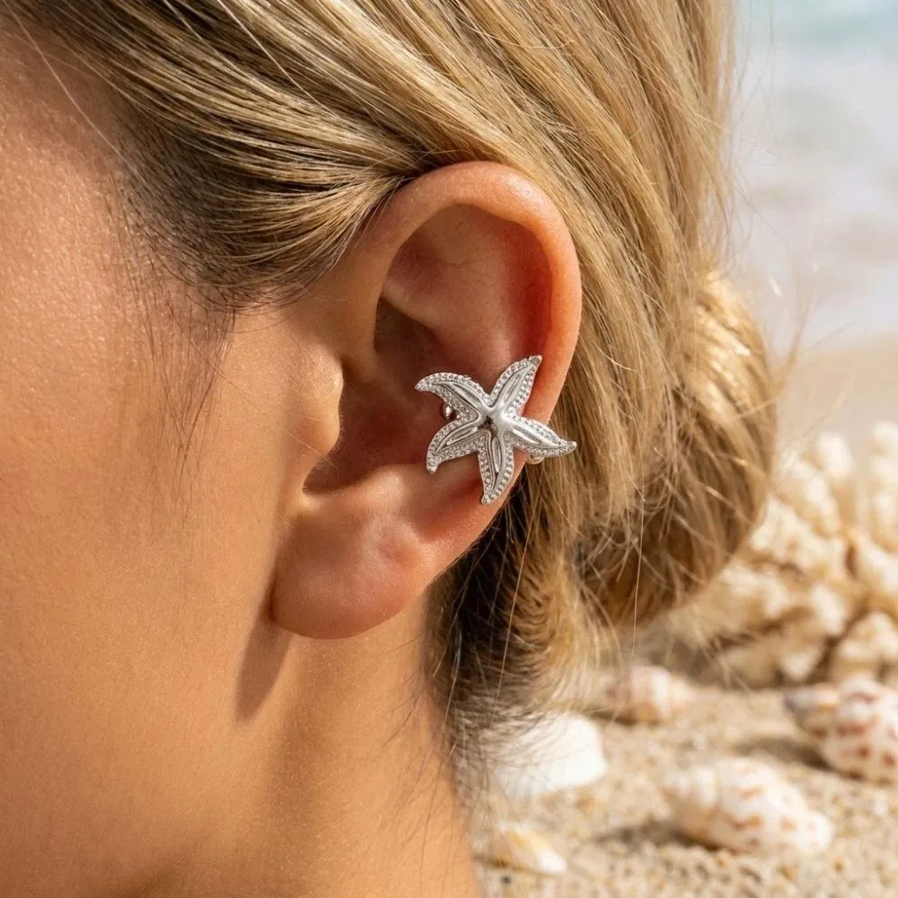 Hip Hop Flower C Shape Ear Cuff Silver Metal C-shaped Ear Clip Minimalism Golded Starfish Shell Ring Clip Daily