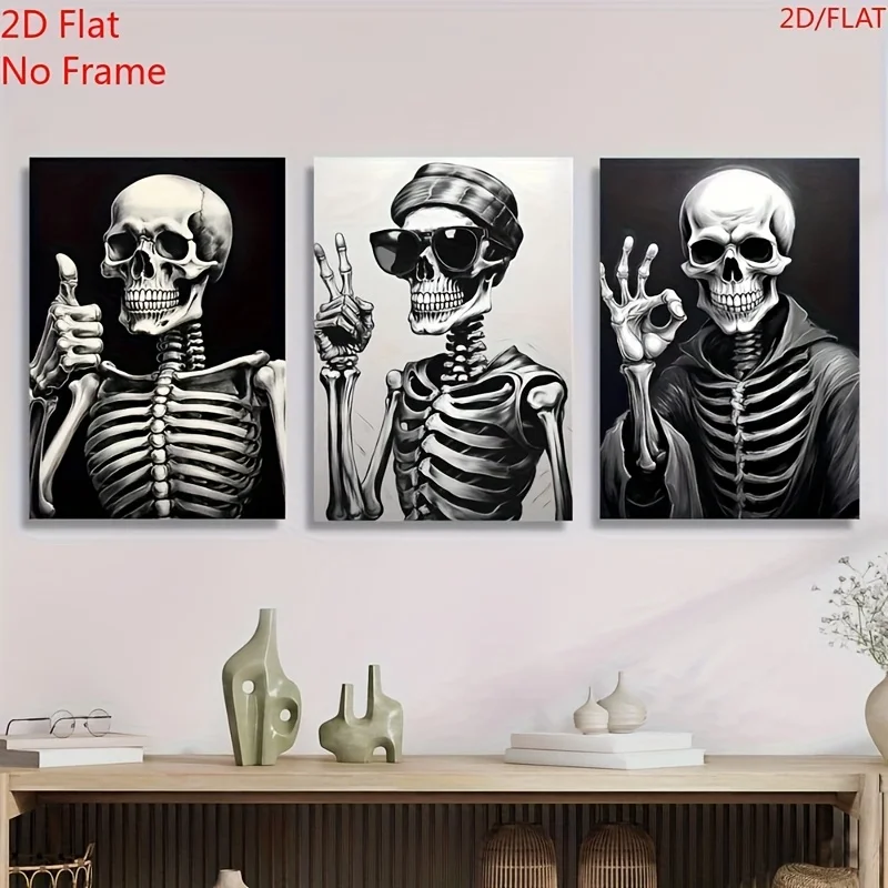 （Noframe 3PCS）-2D Flat, 2D Flat, 2D/FLAT 3pcs Set Featuring Humorous Skull Art Prints, Celebrating Art And Victory, Halloween