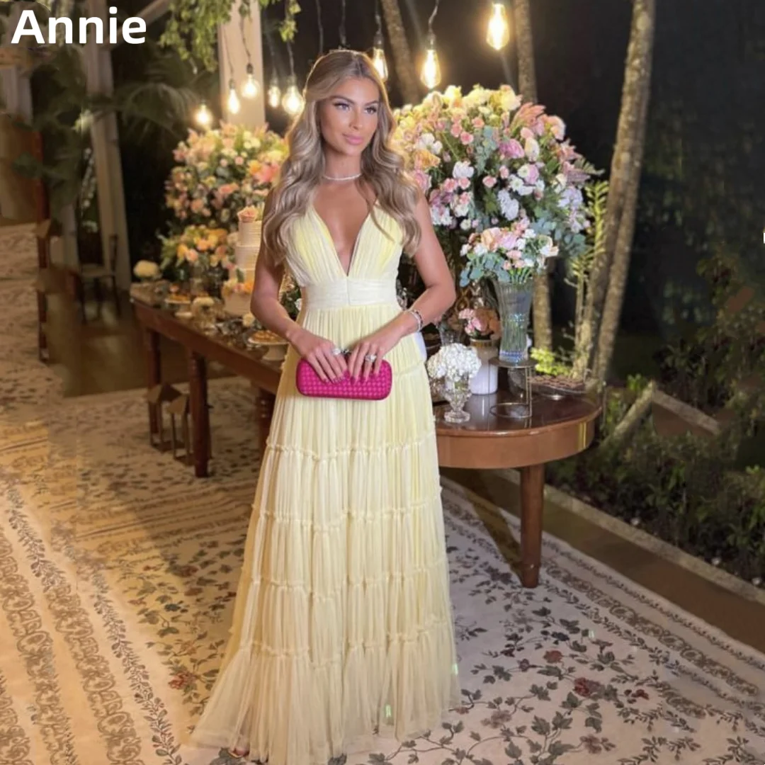 Annie-Robe de Soirée en Tulle Jaune Clair, Forme A, Col en V, Tenue Formelle Élégante pour Occasions Spéciales