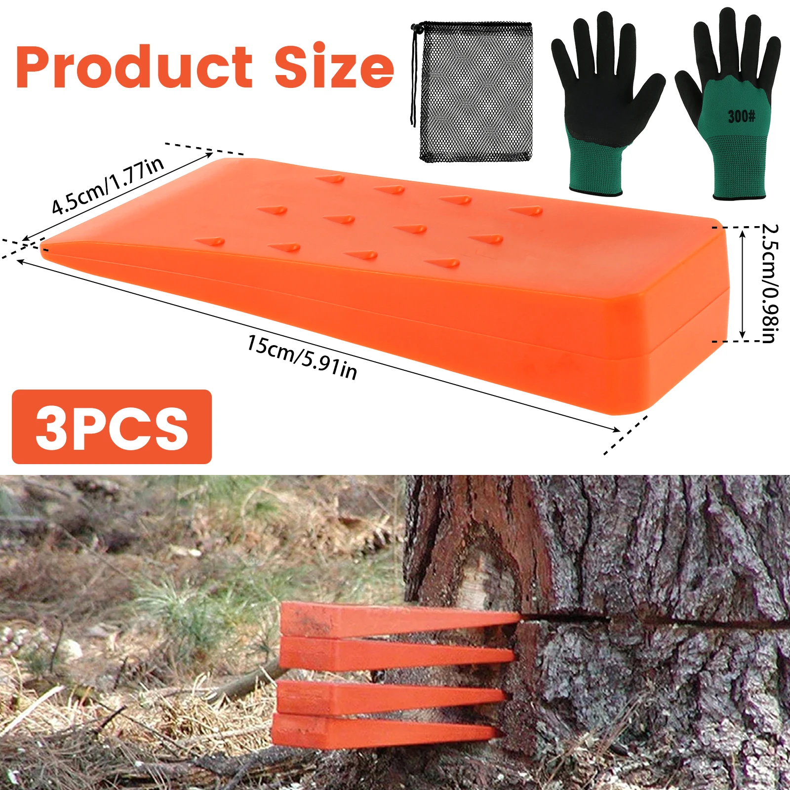 3Pcs Felling Wedges Wear Resistant Tree Cutting Wedges Logging Supplies Plastic Chainsaw Wedges with Gloves and Mesh Bag