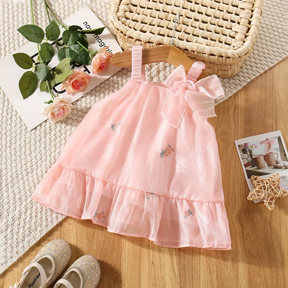 (0-3 Years Old) Summer Baby Girl Mesh Flower Embroidery Suspender Princess Dress For Girls Korean Version Bow Beach Dress