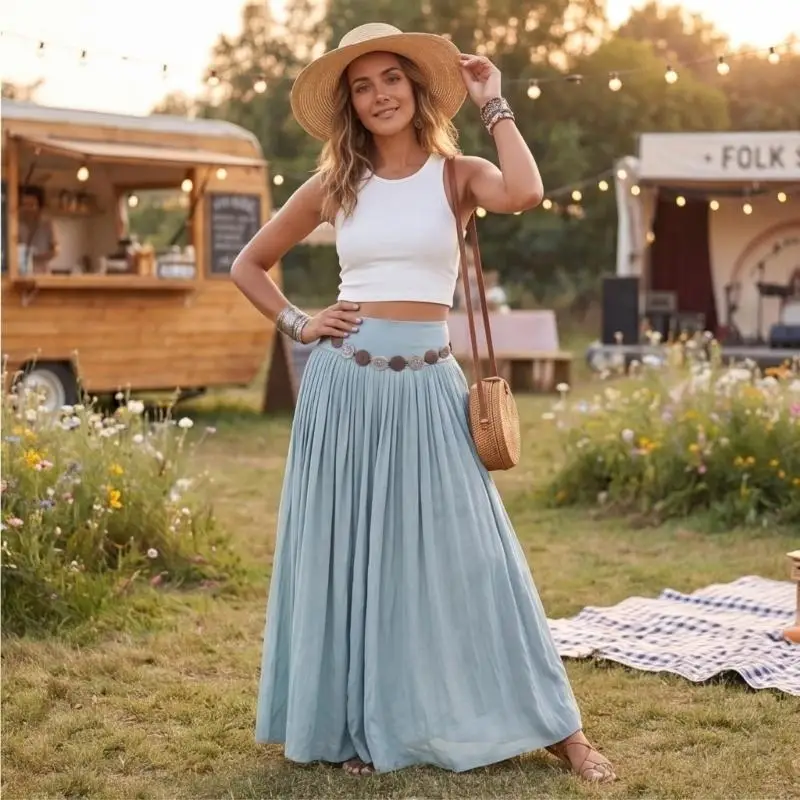Linen Skirts for Women Maxi Pleated Skirt Maxi Long Flowy Skirt A-Line Skirts Travel Beach Resort Wear