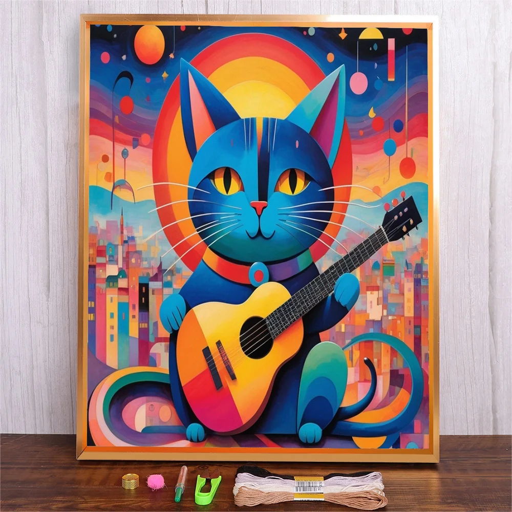 

Cross Stitch Embroidery Kit Abstract Guitar Cat Thread Drawing DIY Needlework Kit Gift Cartoon Printed On Canvas 11CT Crafts