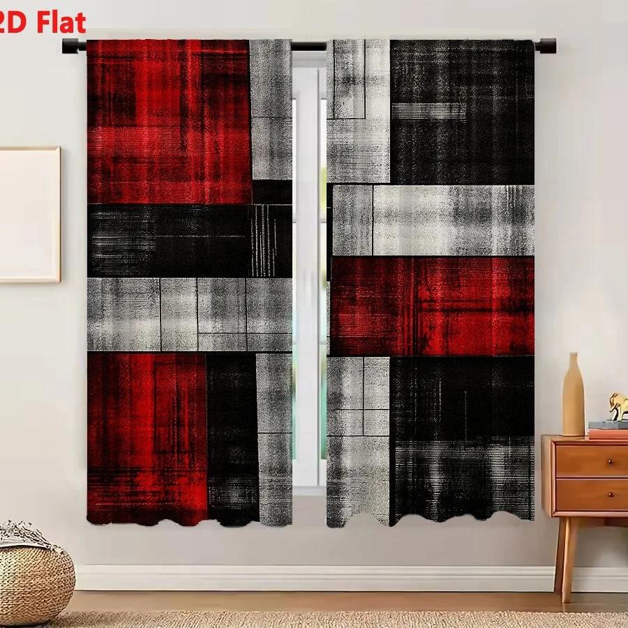 2Pcs Curtains 2D Flat Geometric Abstract Composition With Red Black And Gray Rectangular Blocks Featuring Distressed Metal Textu