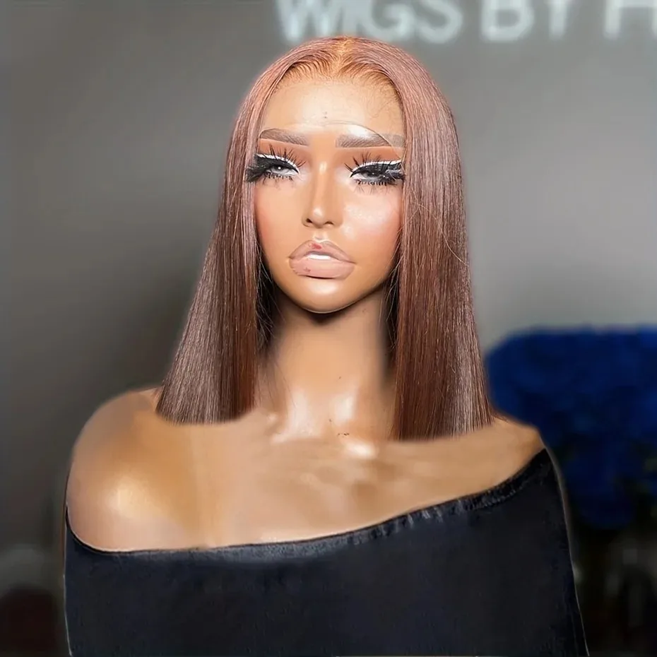 

Короткий шоколадно-коричневый парик с кружевной вставкой 13x4 HD, прямой, с эффектом предварительной прически, синтетический, термостойкий, для начинающих