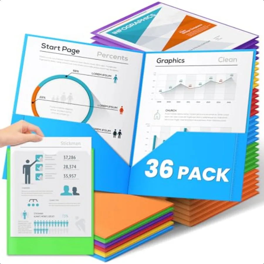 36 عبوة من مجلدات الجيب المجلدات البلاستيكية السائبة مع جيب أمامي شفاف بـ 6 ألوان للمدرسة والمكتب المثالية