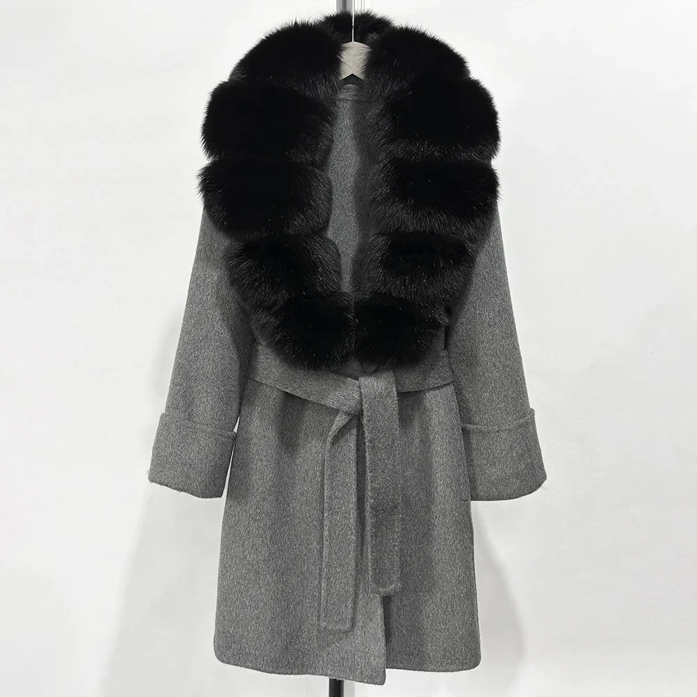2025 New Real Fox Fur Collar Wool Blends Jacket Autumn Winter Women Woolen Coat Single Breasted Belt Natural Raccoon Fur Coat