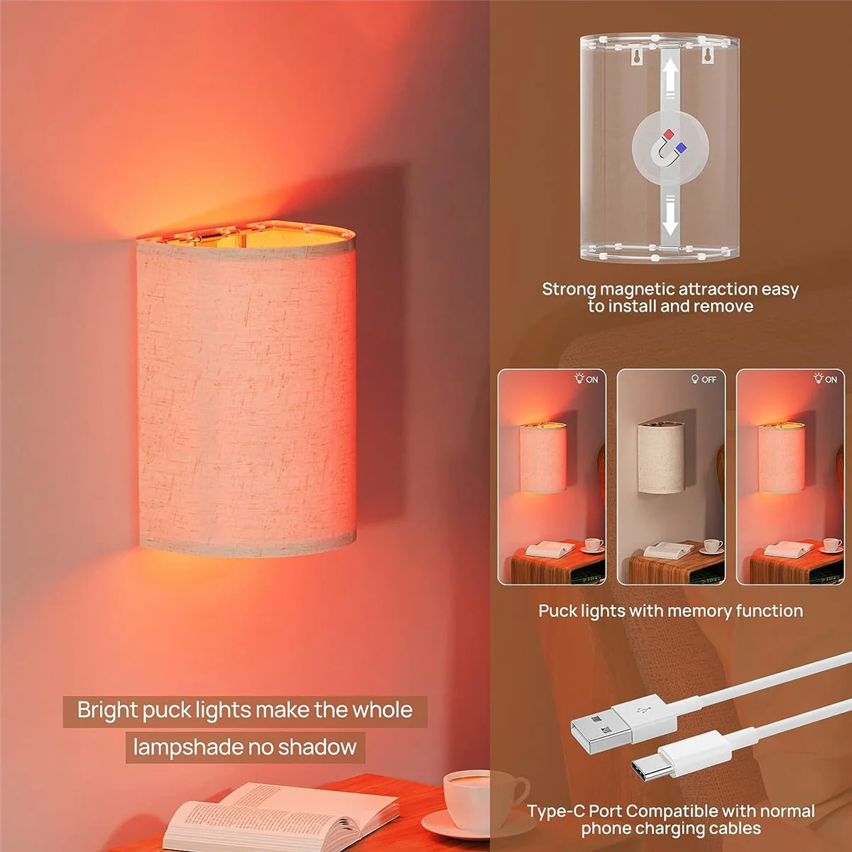 Rechargeable Wall Sconce Magnetic Wireless Lamp RGB Colors Dimmable with Fabric Linen Shade and Remote, Lighting 2Pcs