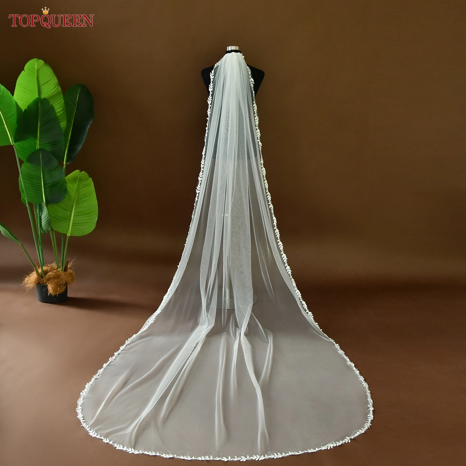 TOPQUEEN V129 كاتدرائية الزفاف الدانتيل الحجاب 3m طويل طرحة زفاف أبيض عاجي مع ورقة الدانتيل اكسسوارات الزفاف للتخصيص